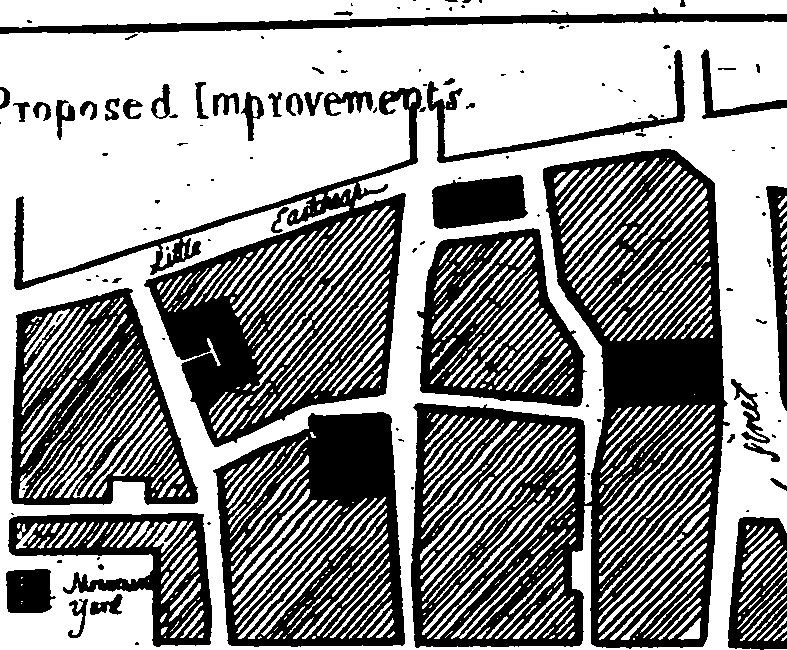 The image shows a black and white drawing of a map of a city with the words "Proposed Improvements"...