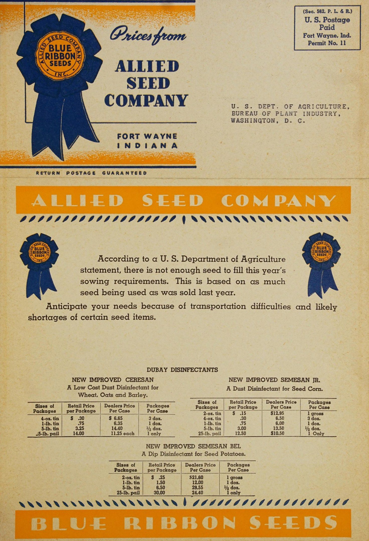 The image shows an old advertisement for Allied Seed Company with a blue ribbon on it. The paper...