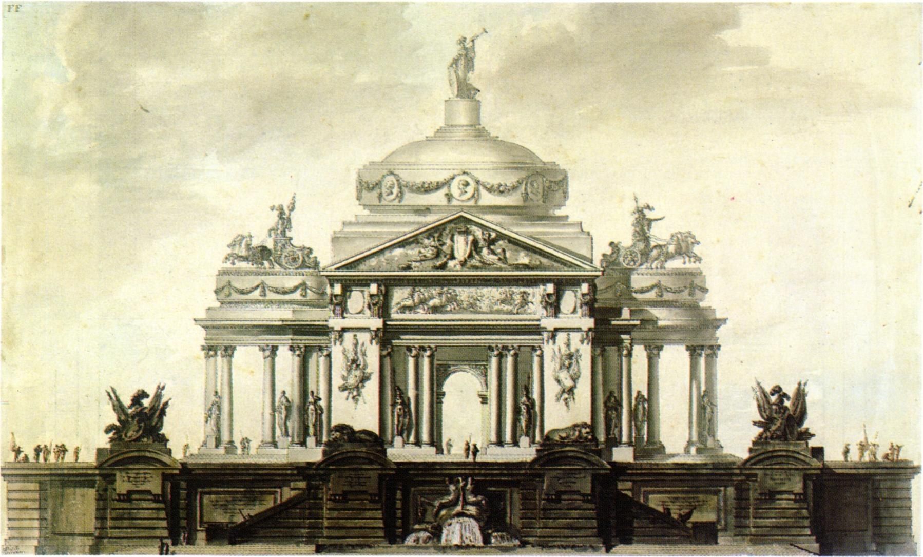 The image shows a drawing of a large building with statues on top of it, which is the National...