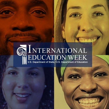 The image shows a collage of four smiling people with the words "International Education Week" in...