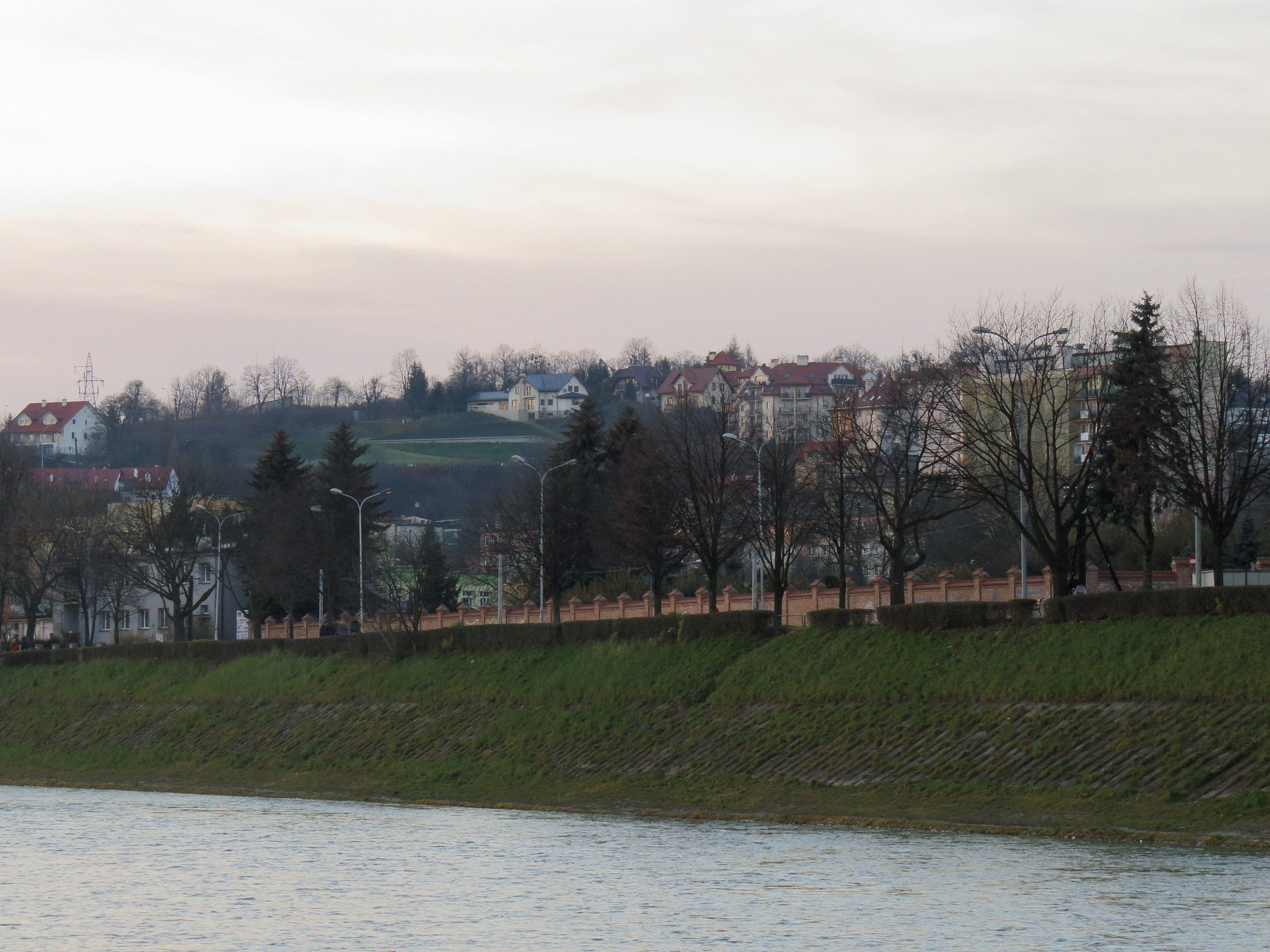 The image shows a riverbank with a body of water, grass, a group of trees, street poles, a fence,...