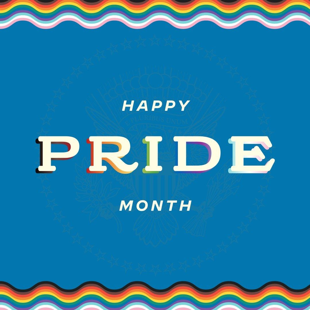 The image shows a poster with the words "Happy Pride Month" written in bold, colorful letters on a...
