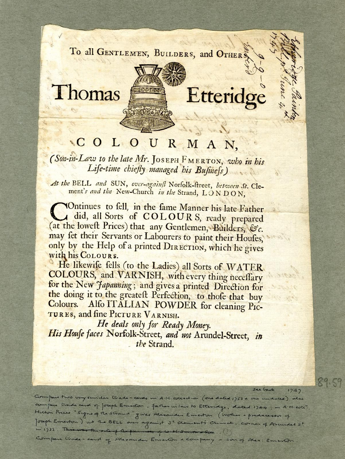 The image shows an old document with a picture of a bell on it. The text on the paper reads "Thomas...