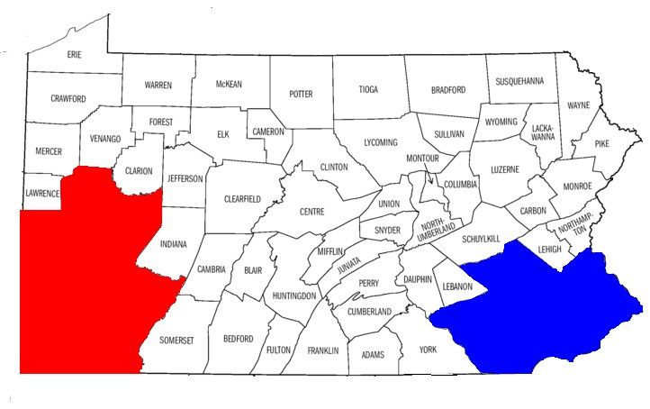 The image shows a map of the state of Pennsylvania with the counties highlighted in red and blue....