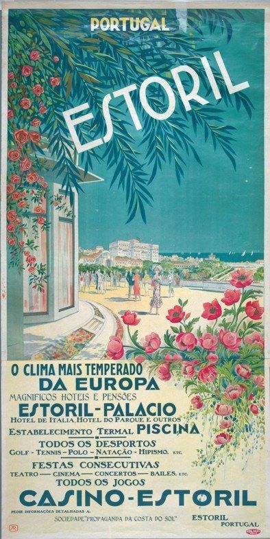 The image shows a poster advertising the Estoril Casino in Portugal. It features a vibrant array of...
