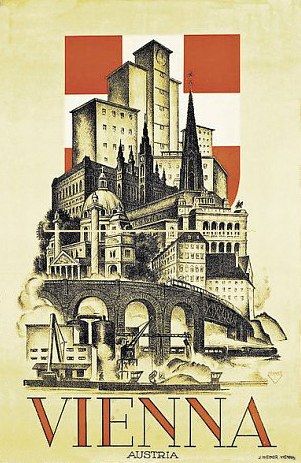 The image shows a poster of Vienna, Austria, featuring a few buildings and a bridge. The poster has...