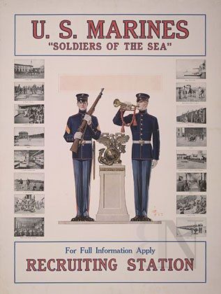The image shows a poster with text and images of U.S. Marines soldiers of the sea recruiting...