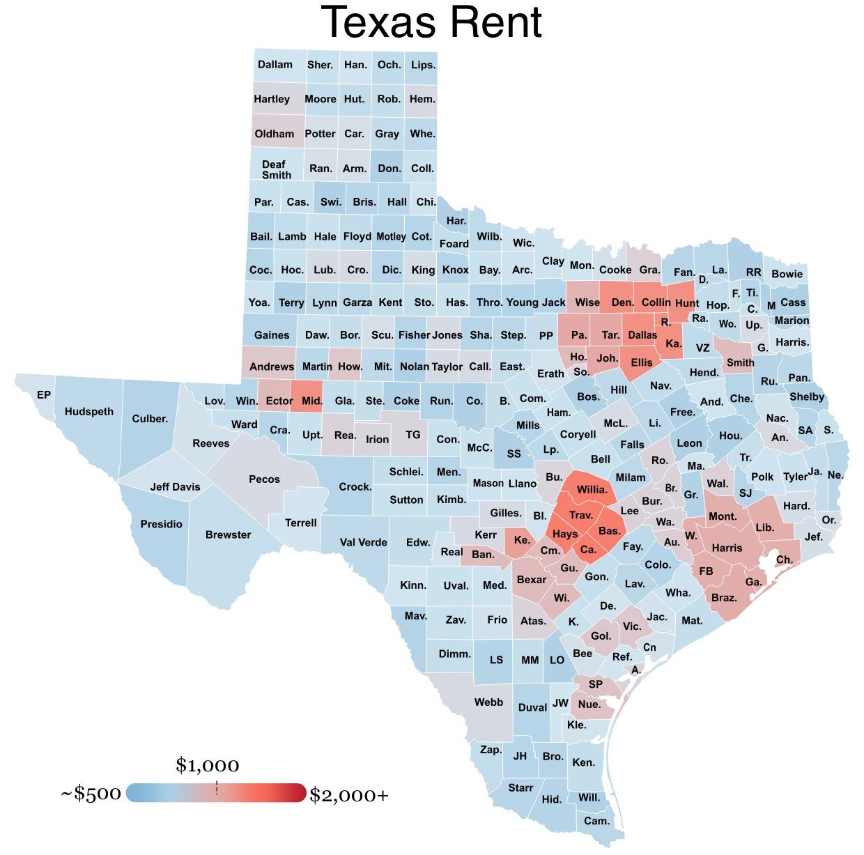 The image shows a map of Texas with different colors representing the percentage of people living...