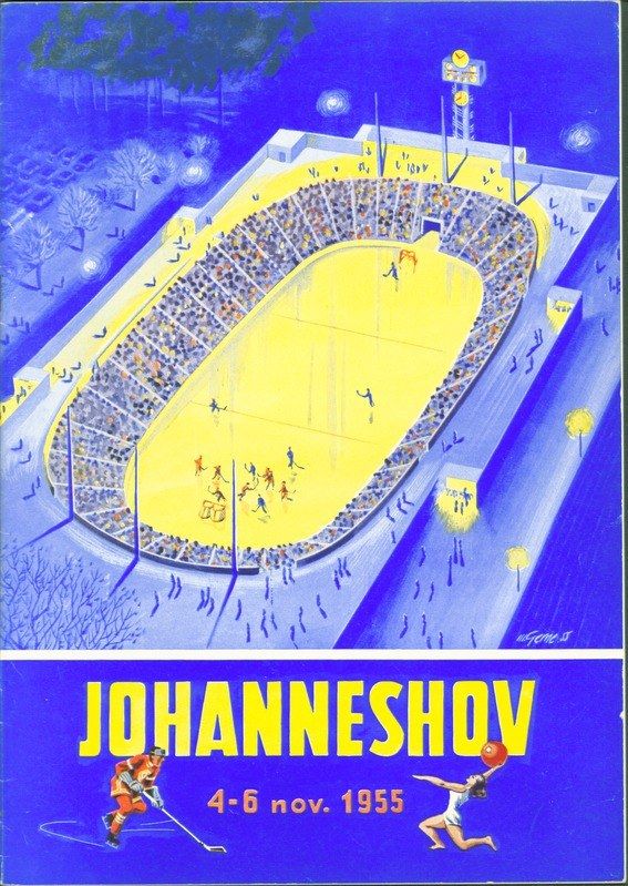 The image shows a poster advertising a hockey game in Johannesburg, South Africa in 1955. It...