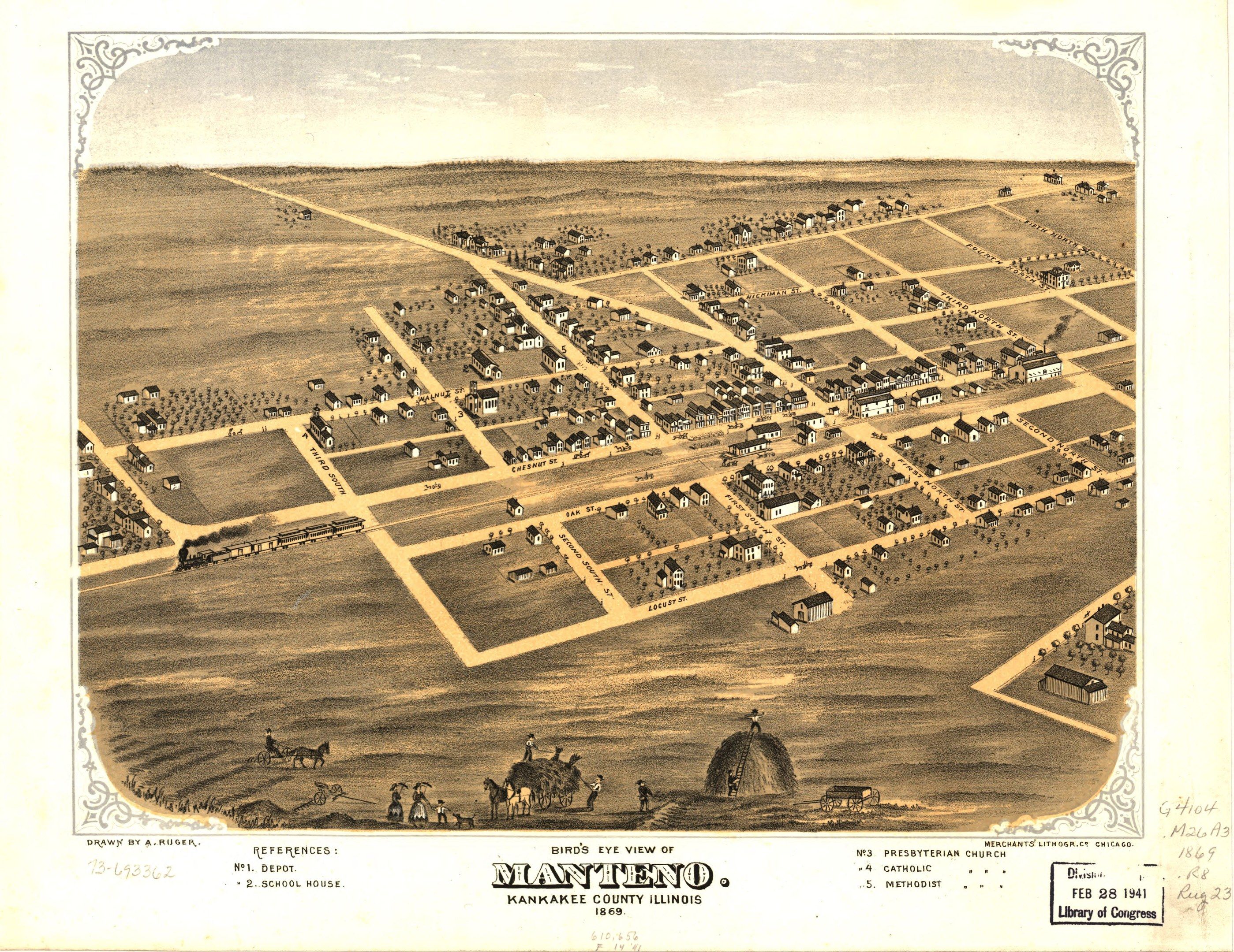 The image shows an old map of the city of Manteo, Illinois. It is a black and white image with a...