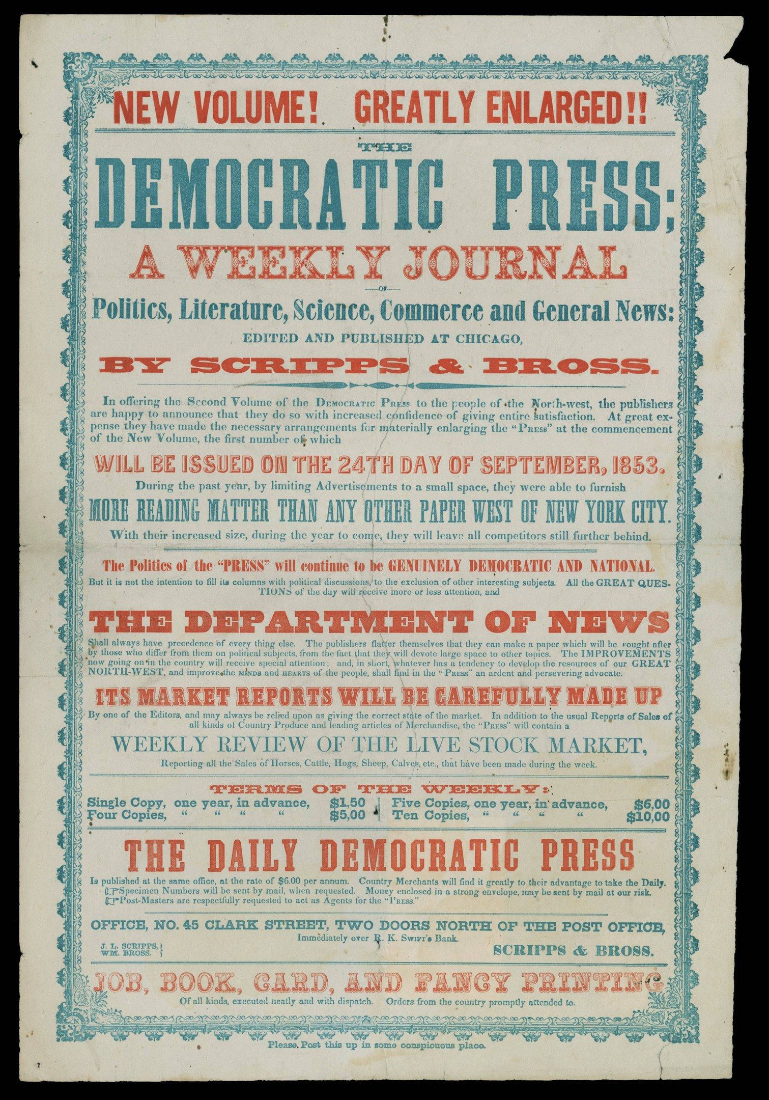 The image shows a paper with the words "Democratic Press: A Weekly Journal" written on it against a...