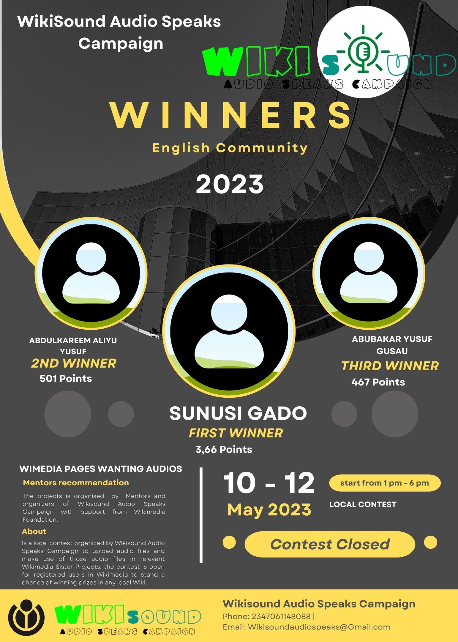 The image shows a poster for the Wikisound Audio Speaks Campaign, featuring text and pictures. The...