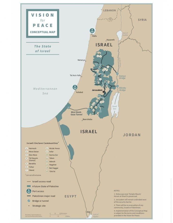 The image shows a poster of a map of Israel with the words "Vision for Peace Conceptual Map"...