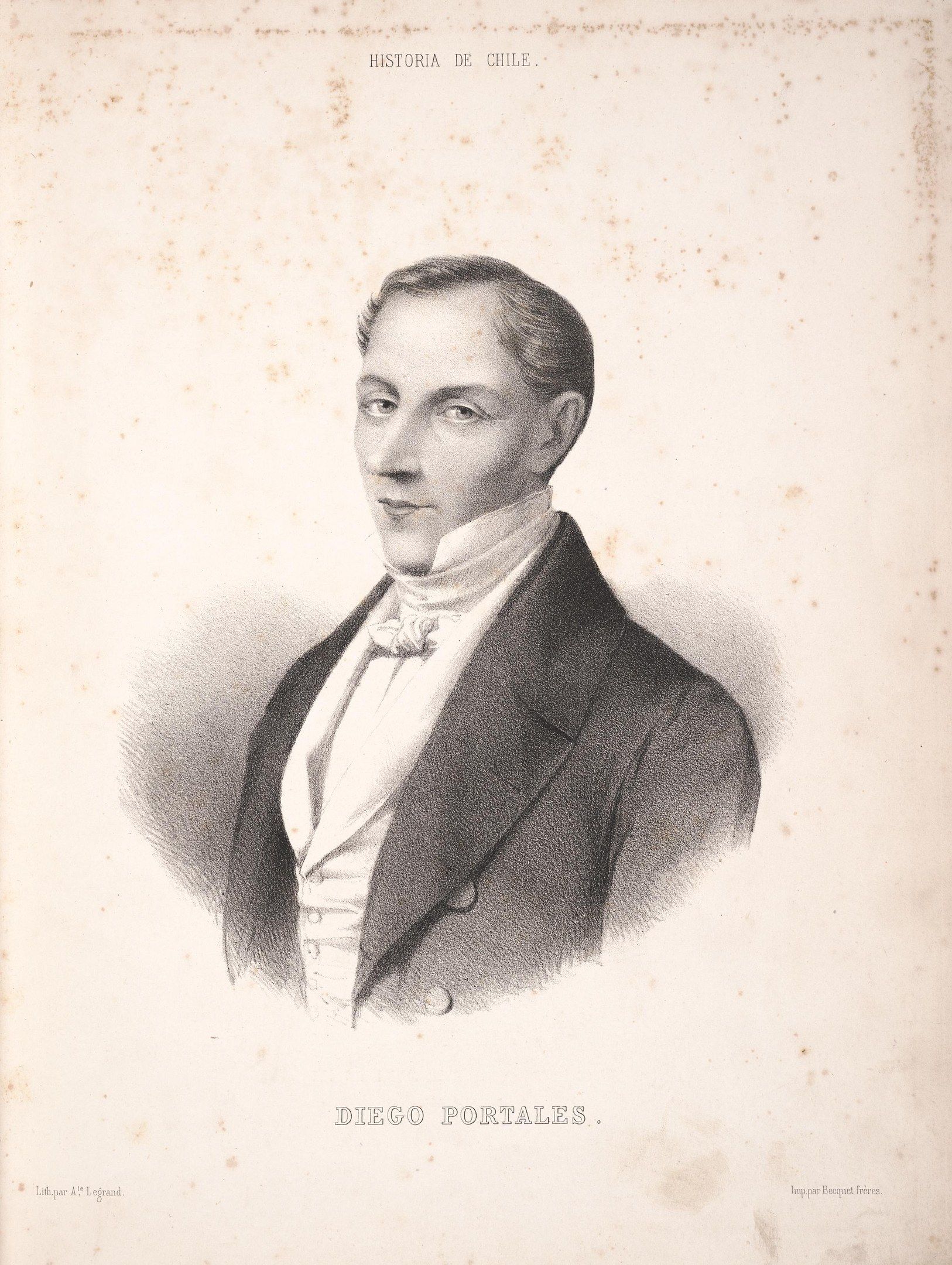 The image shows a black and white drawing of a man in a suit, identified as Diego Portales, the...