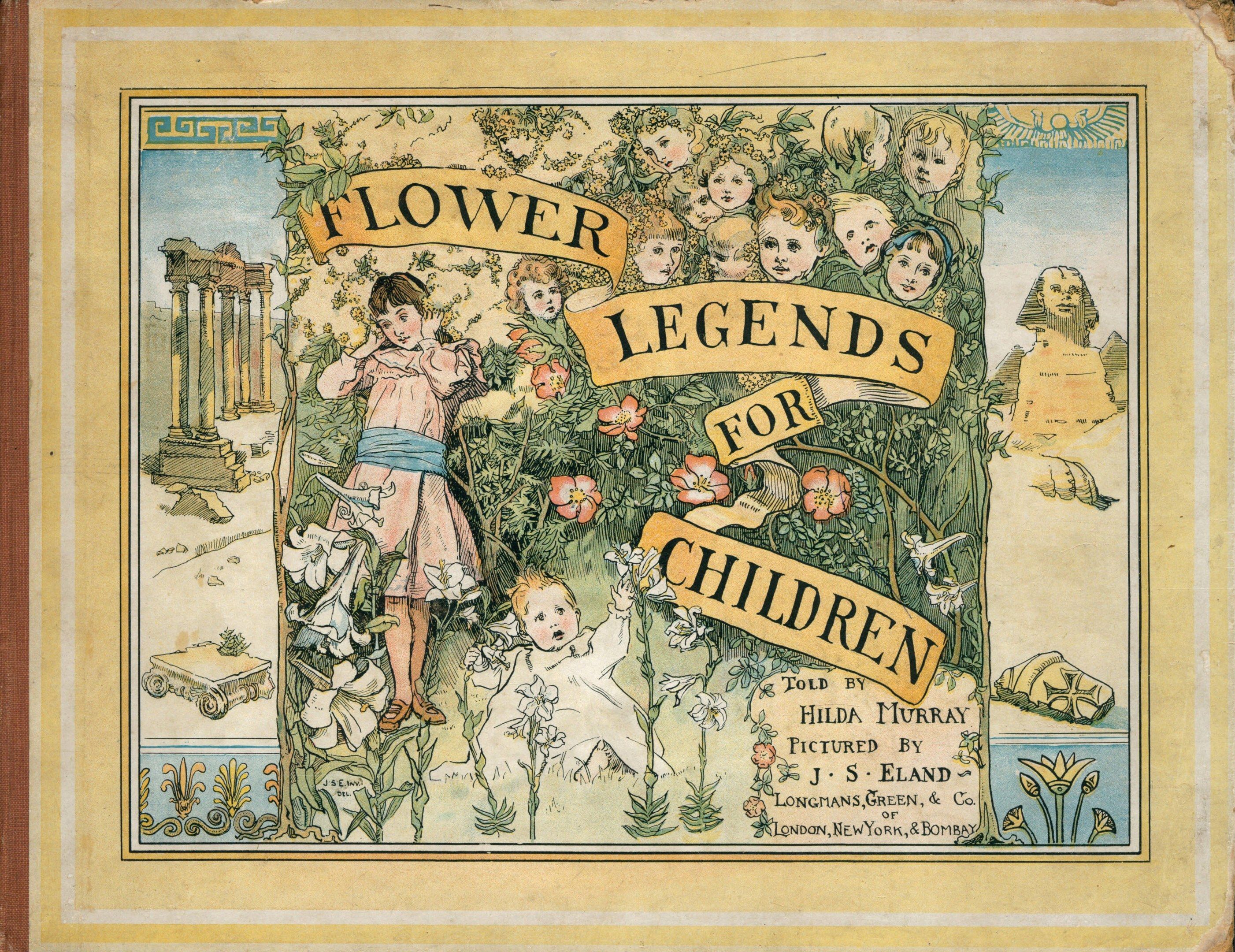 The image shows an old book with a picture of a group of children playing in a field of flowers,...