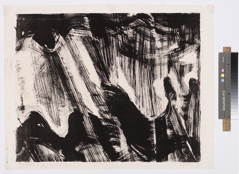 The image shows a black and white etching on a piece of paper with a scale on the right side. The...