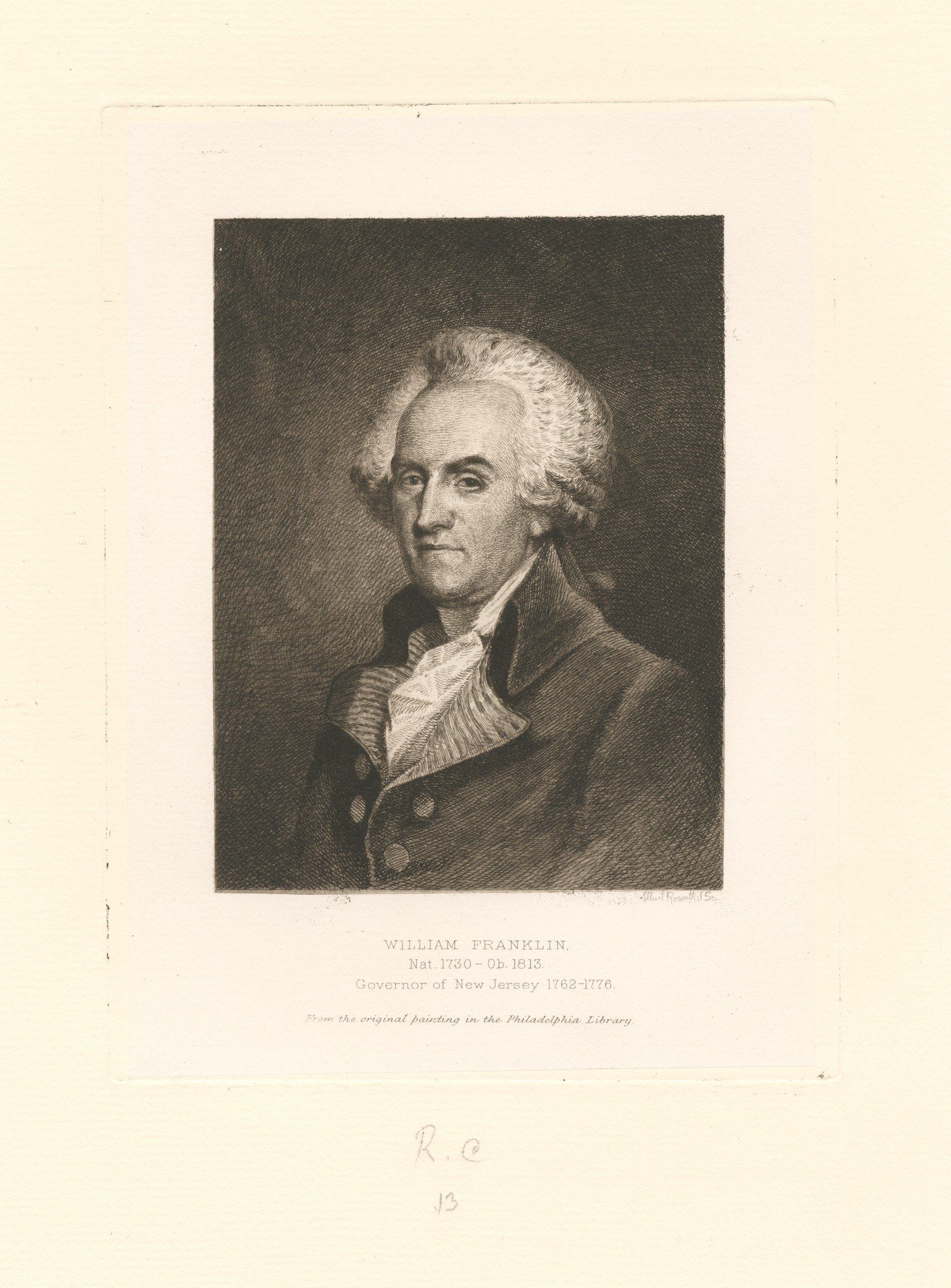The image shows a black and white portrait of William Franklin, the Governor of New Jersey from...