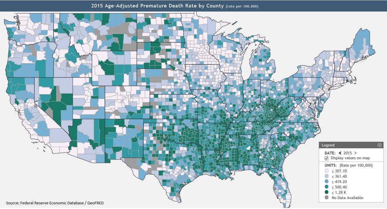 The image shows a map of the United States with different colors representing the age-adjusted...