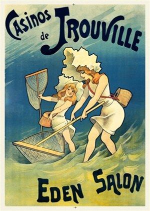 The image shows a poster advertising a casino in Trouville, France. It features two women in a...