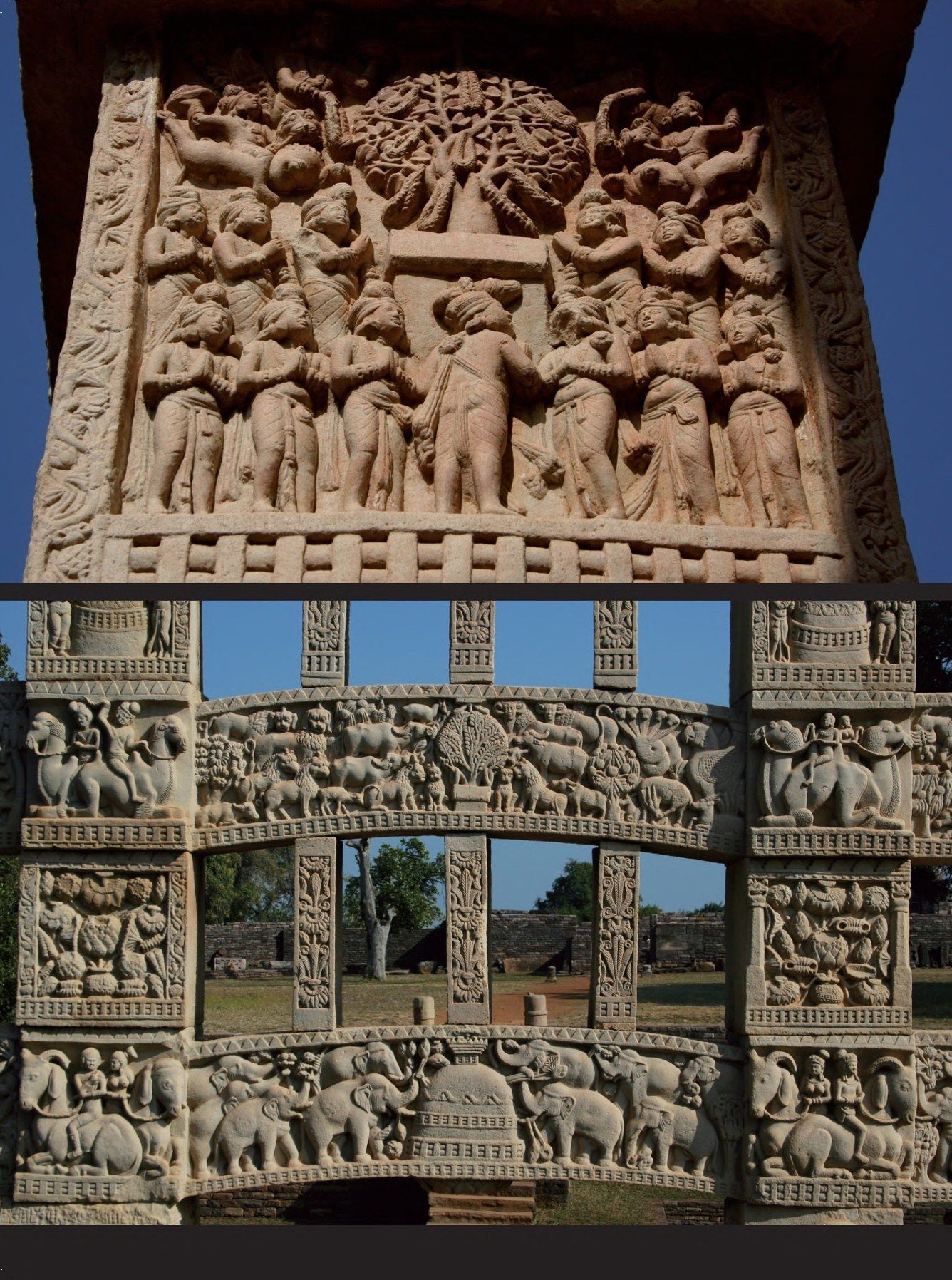The image shows a collage of carvings on the side of a building in India, with trees and the sky in...