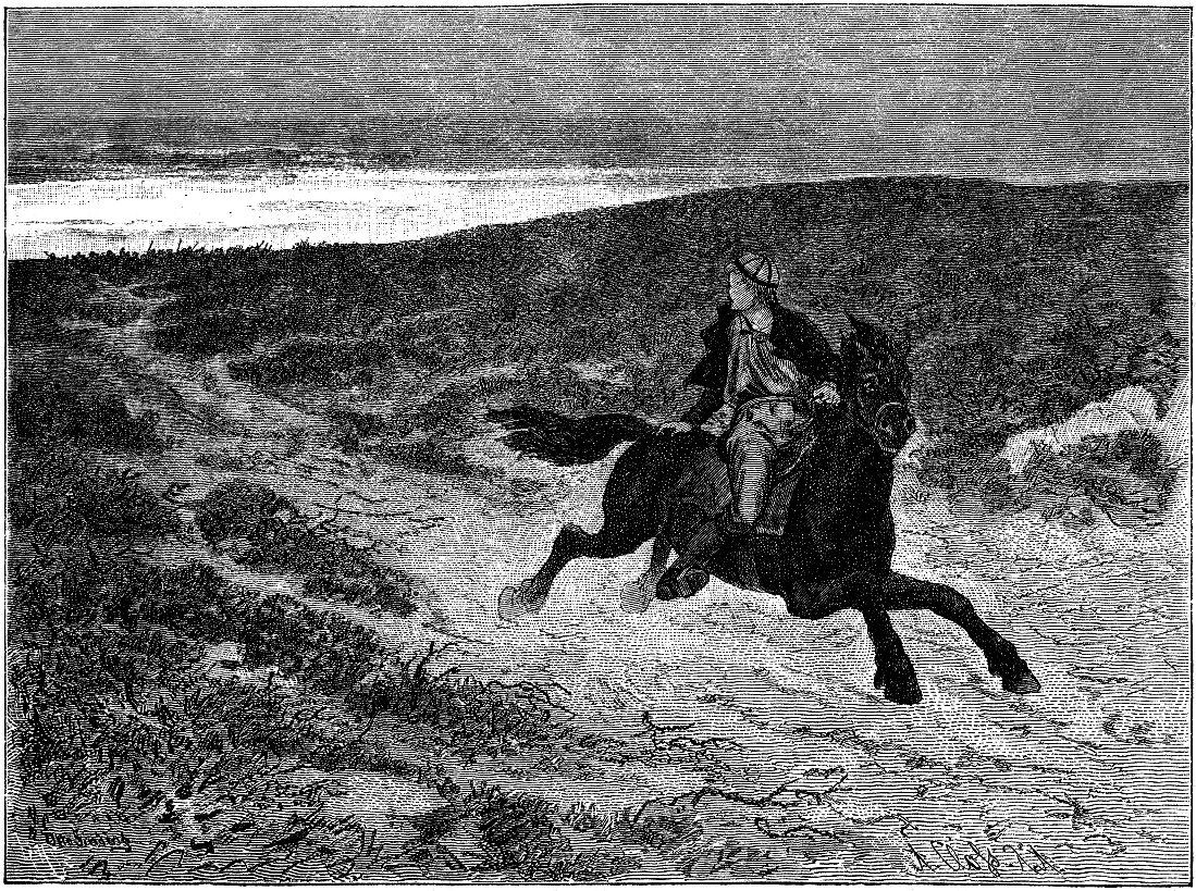 The image shows a man riding on the back of a black horse, galloping across a grassy field with a...
