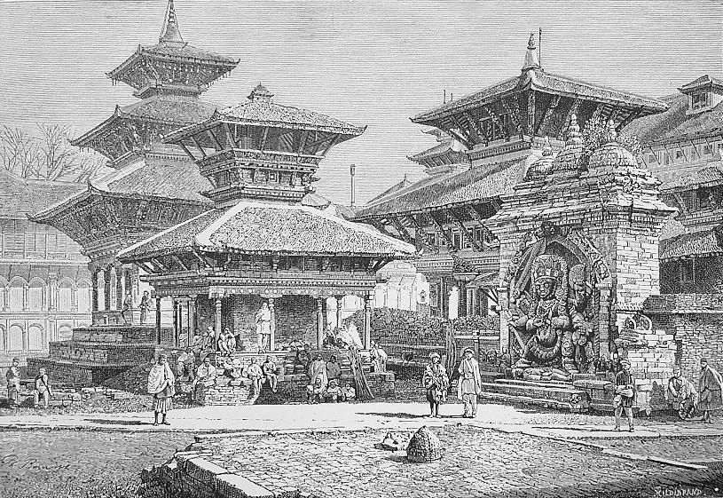 The image shows a black and white drawing of a temple in Nepal, with people walking around it. The...