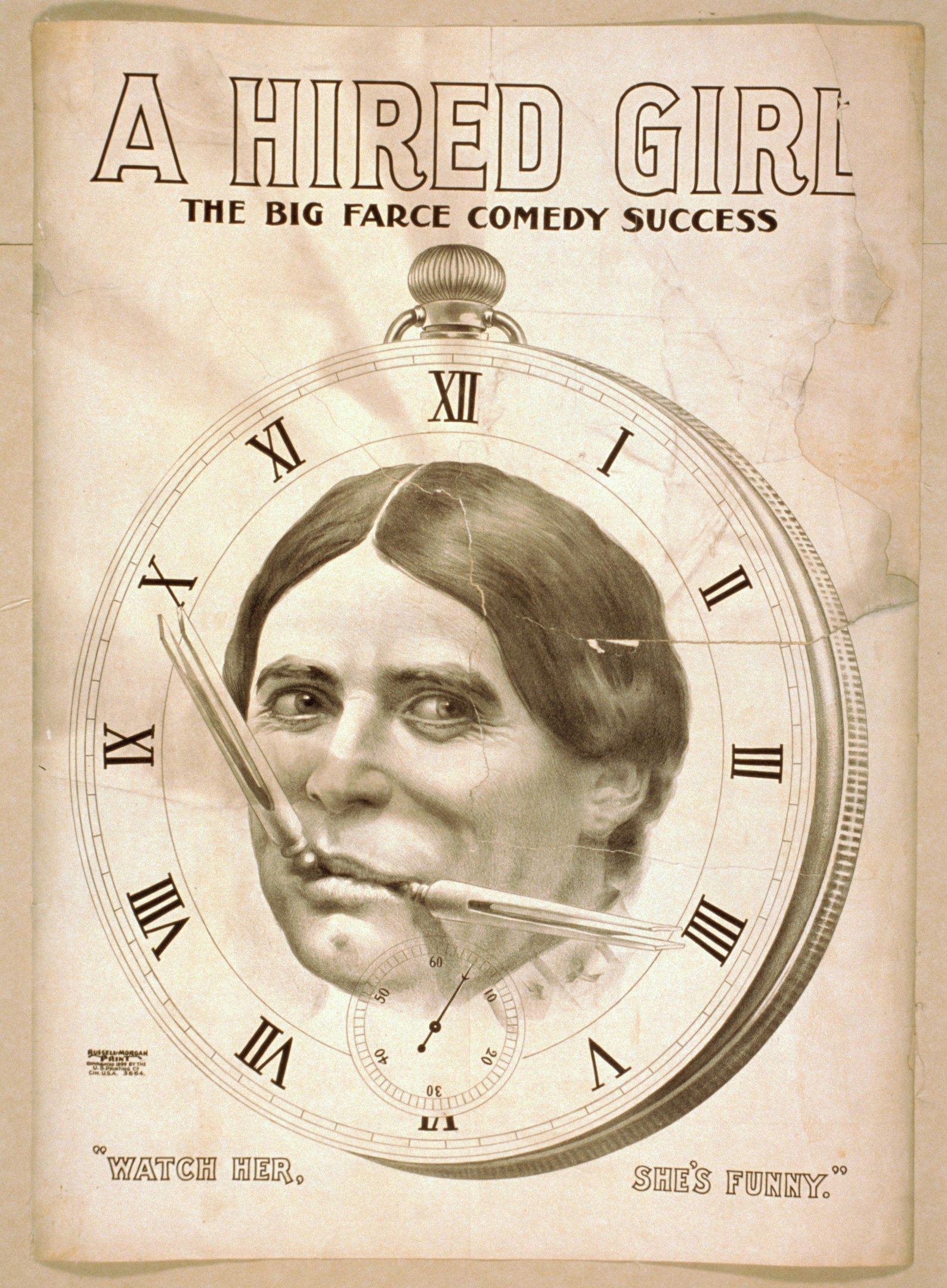 The image shows a poster of a person with a clock in the background and the words "A Hired Girl:...