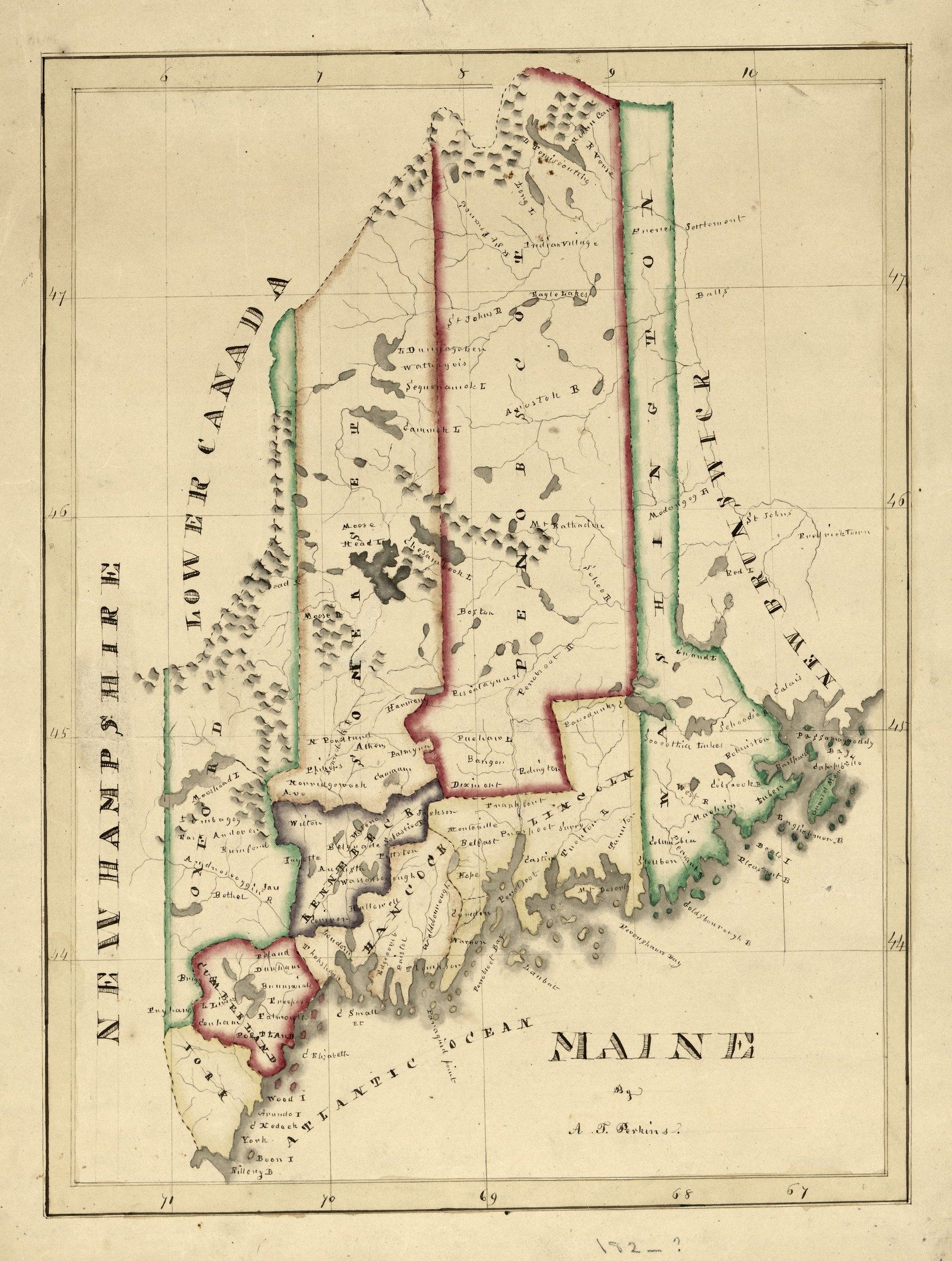 The image shows a map of the state of Maine, with the counties of New Hampshire and Maine clearly...