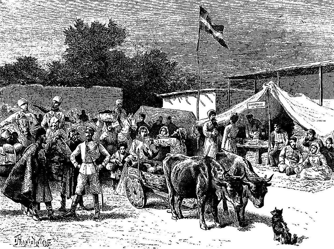 The image shows a black and white drawing of a group of people standing around a horse-drawn cart,...