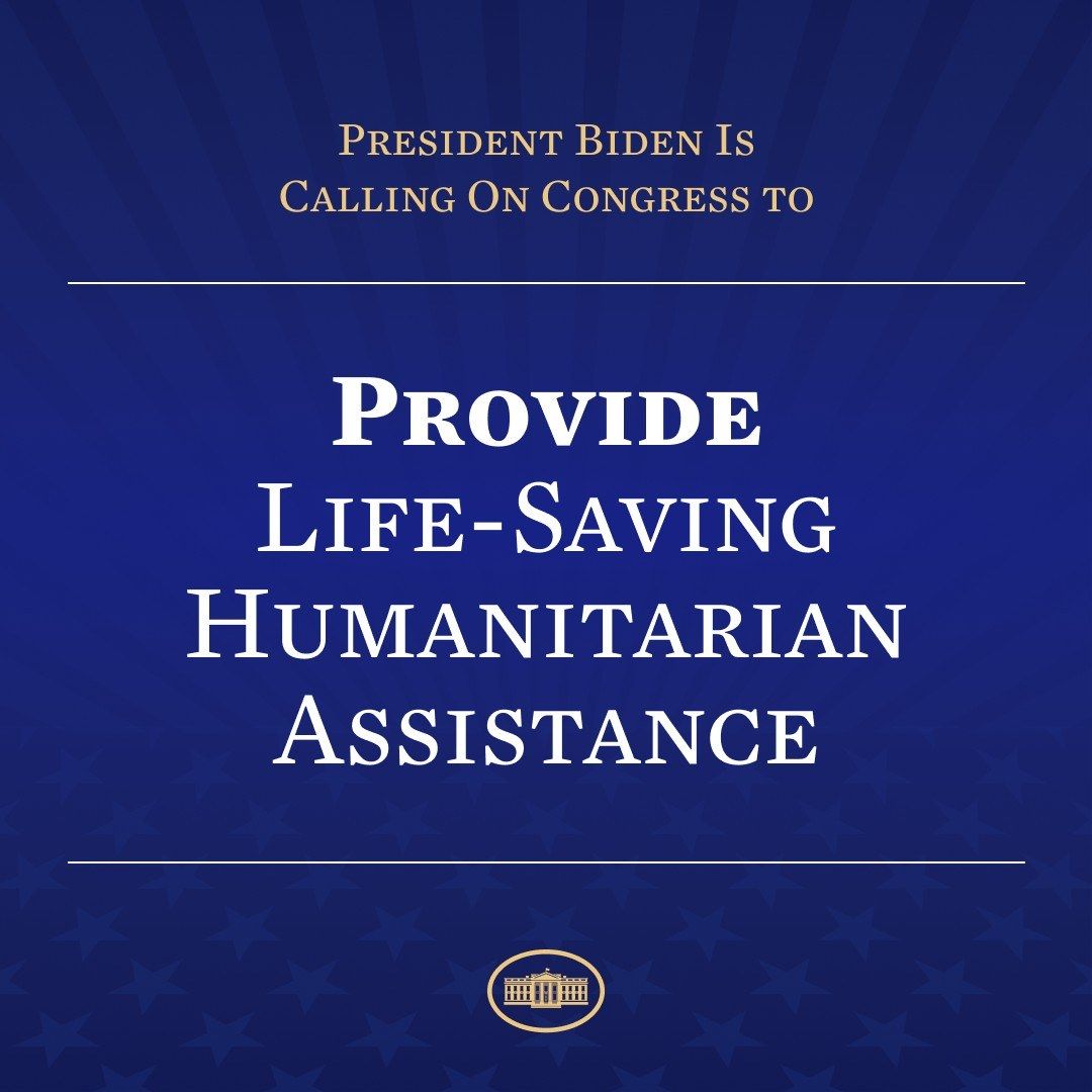 The image shows a poster with the words "Provide Life-Saving Humanitarian Assistance" written in...