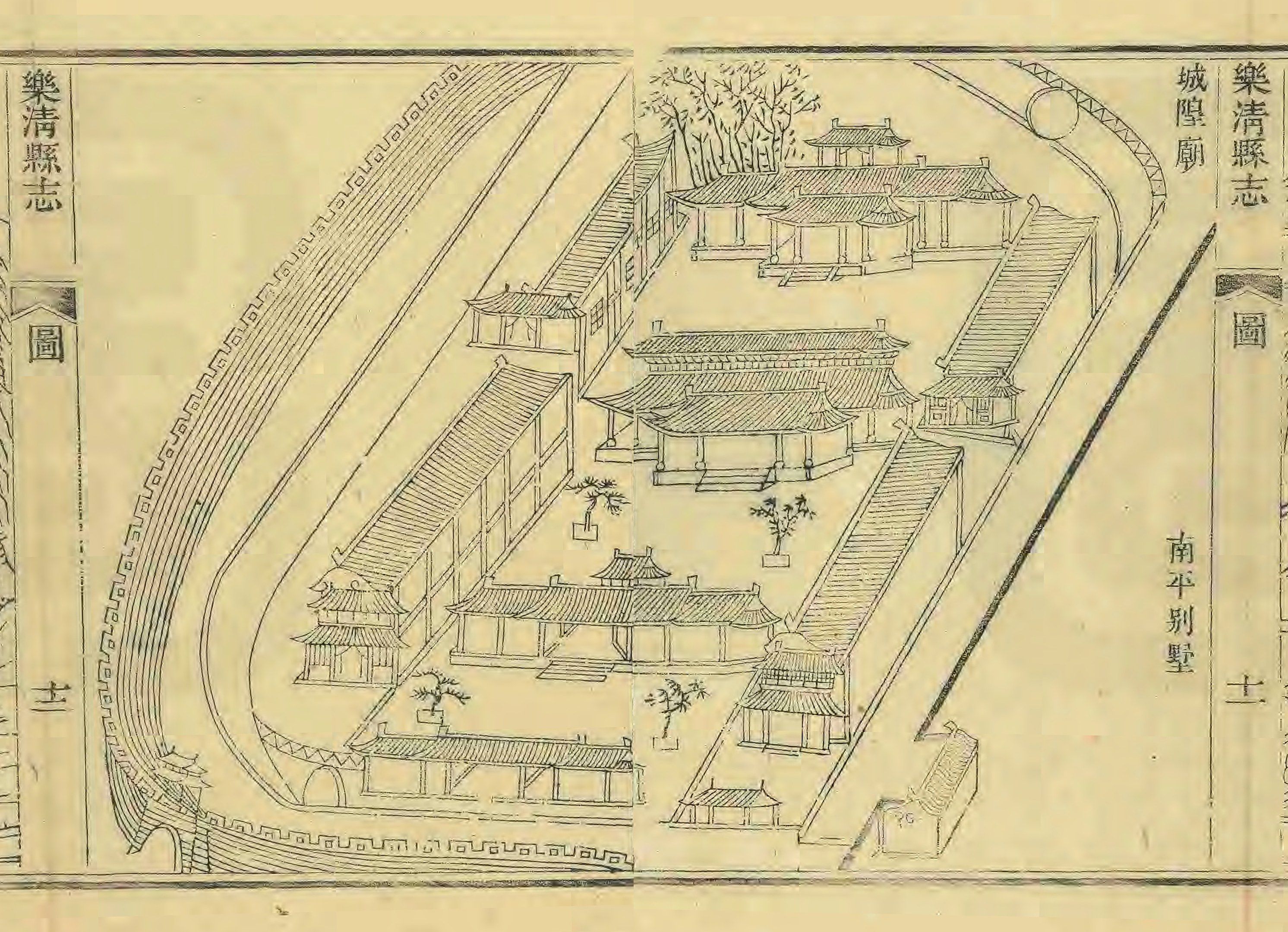 The image shows a drawing of a Chinese building with a lot of windows, surrounded by trees. The...