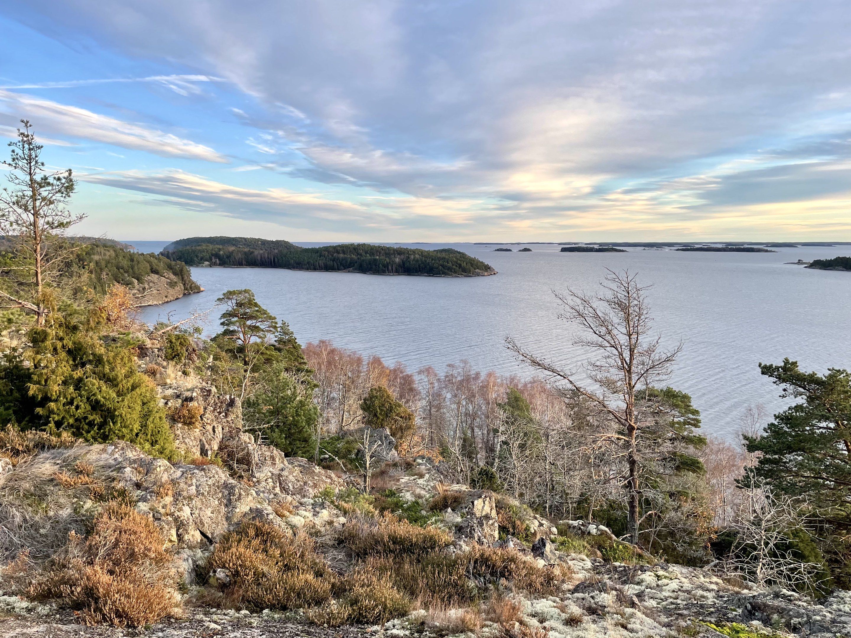The image shows a breathtaking view from the top of a hill overlooking a body of water, with trees,...