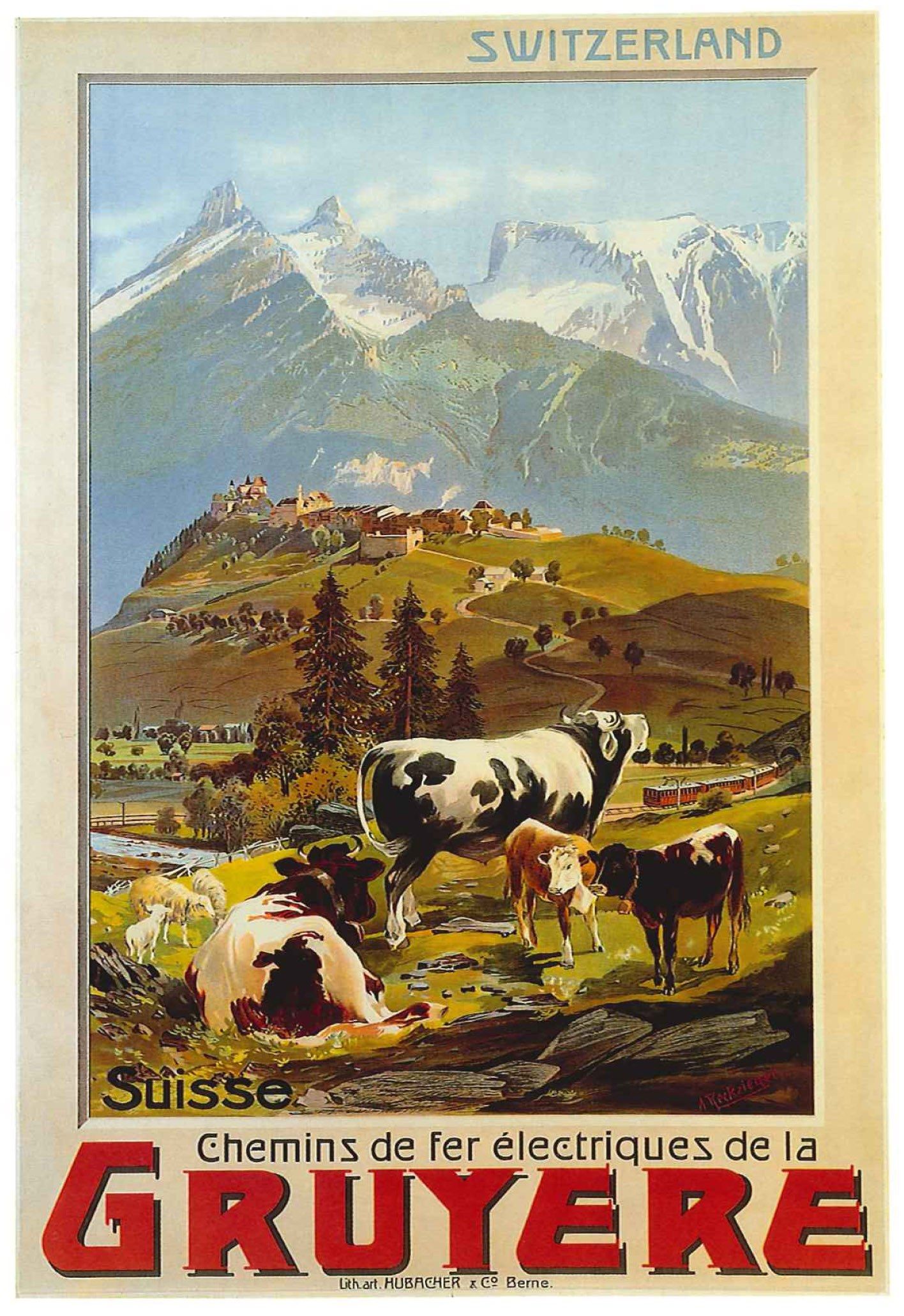 The image shows a vintage Swiss travel poster featuring cows grazing in a field with mountains in...