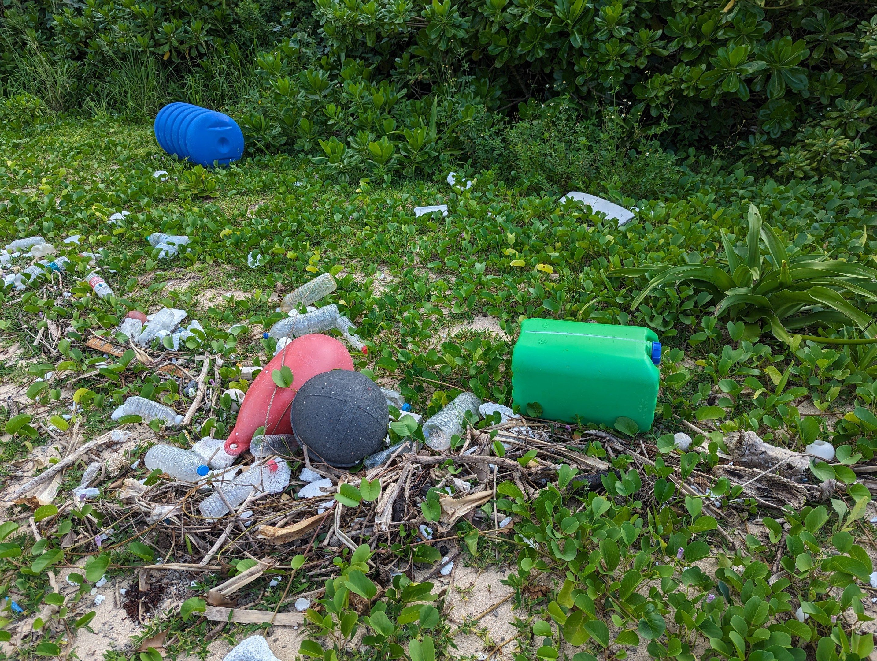 The image shows a beach littered with plastic bottles, plastic cans, and other objects, as well as...