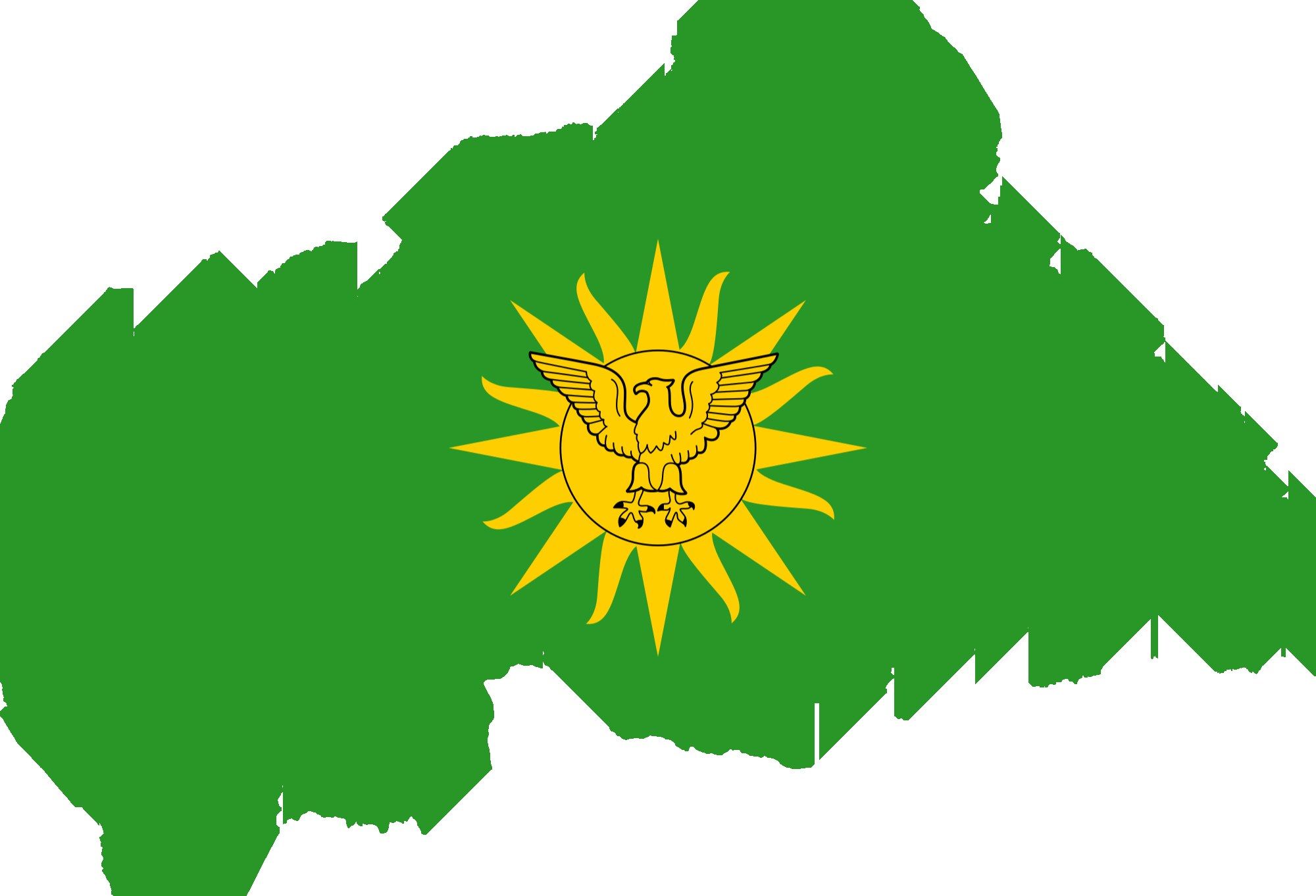 The image shows a map of Kazakhstan with the flag of the country in the center. The map is green...