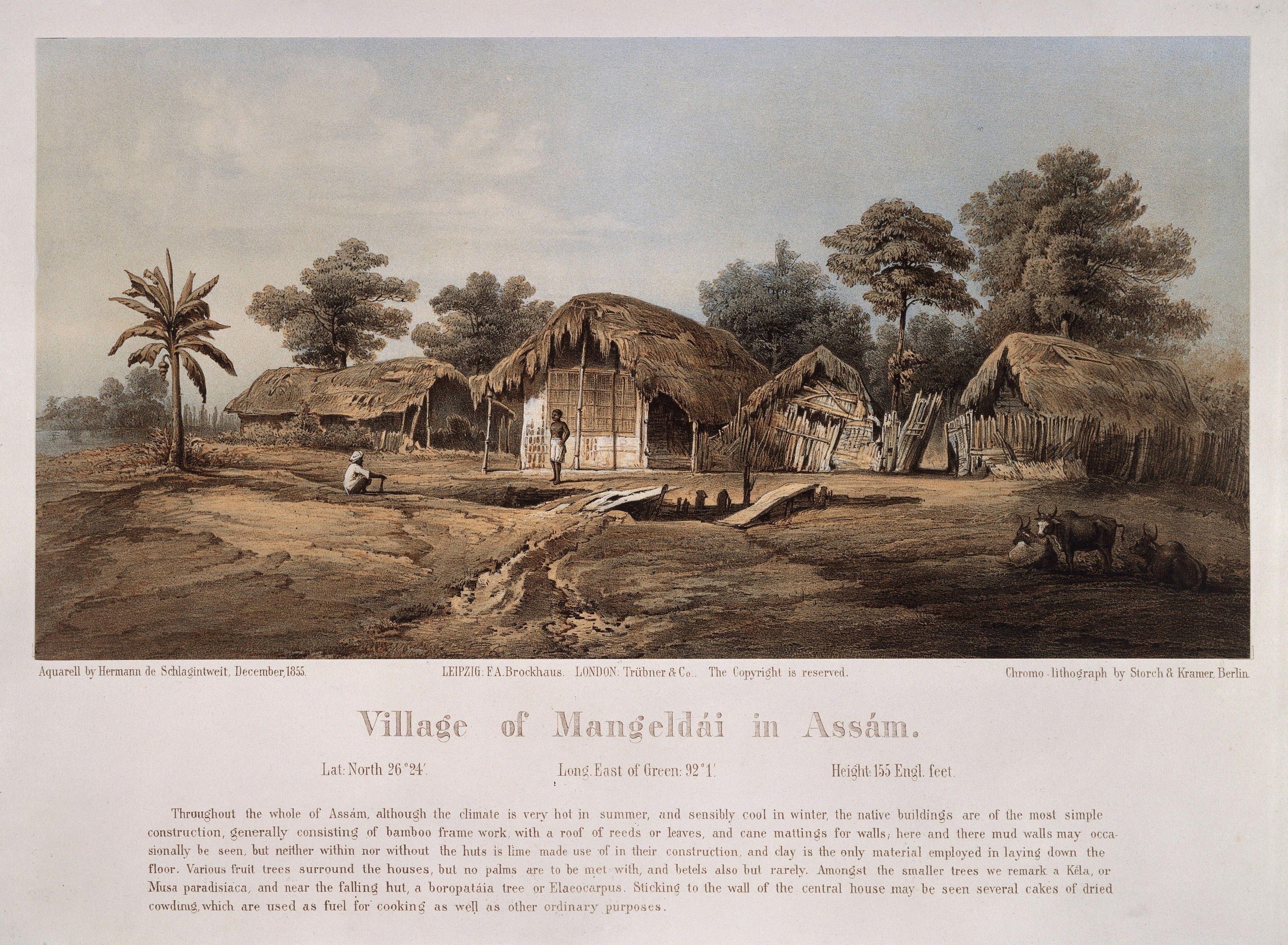 The image shows a village of Mangoldai in Assam, with huts, trees, people, animals, and a sky in...