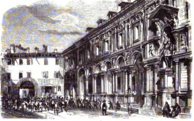 The image shows an old drawing of a building in the middle of a street, with people walking around...