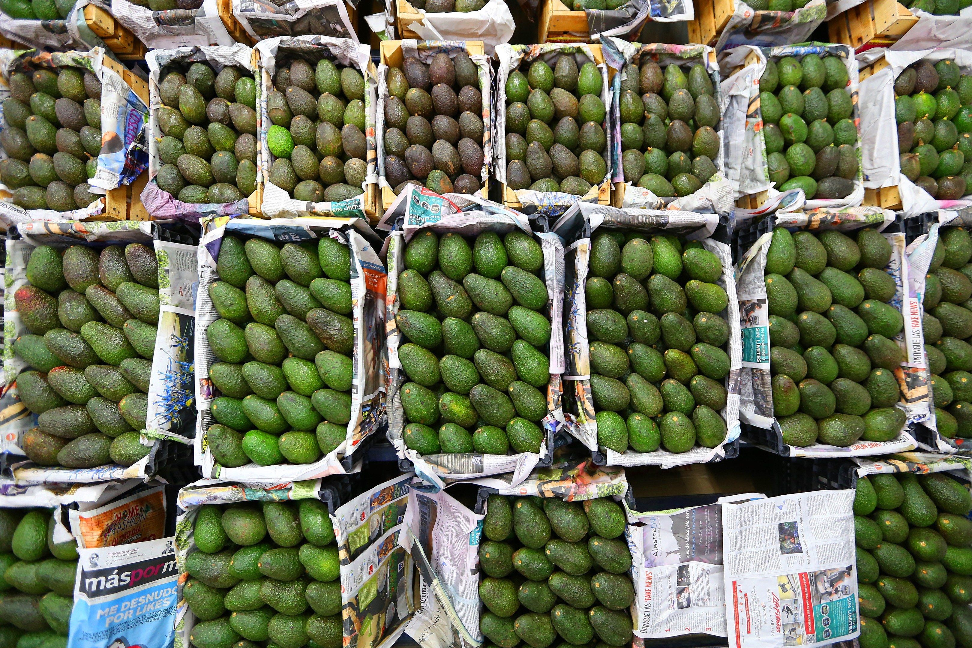 The image shows a market with boxes of avocados stacked on top of each other. The boxes are filled...