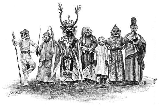 The image shows a group of people standing next to each other, wearing costumes and holding various...