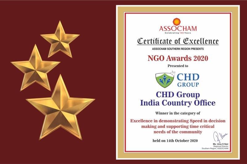 The image shows a certificate of excellence for the Ngo Awards 2020, with three stars on the left...