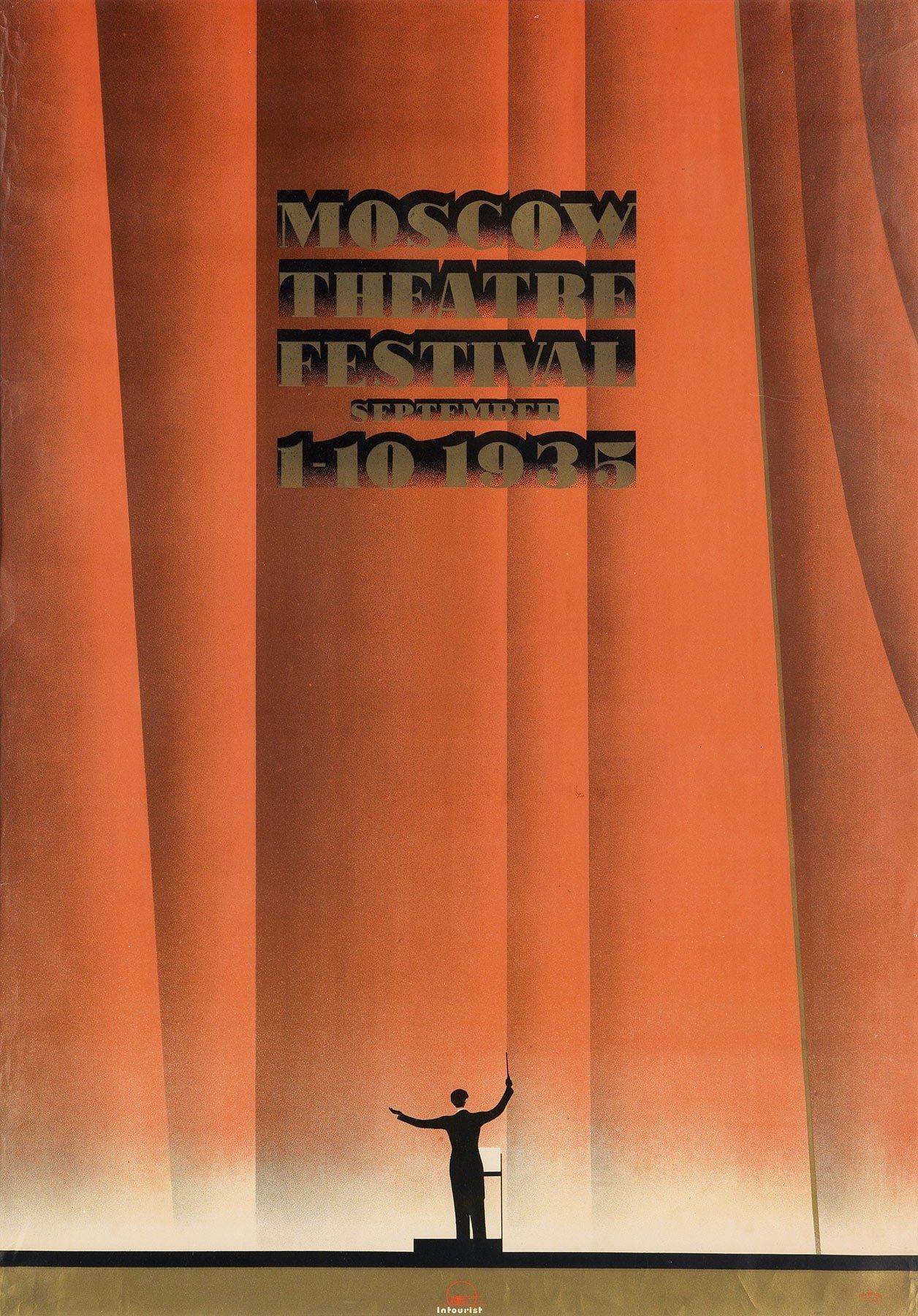 The image shows a poster for the Moscow Theatre Festival in 1935, featuring a person standing in...