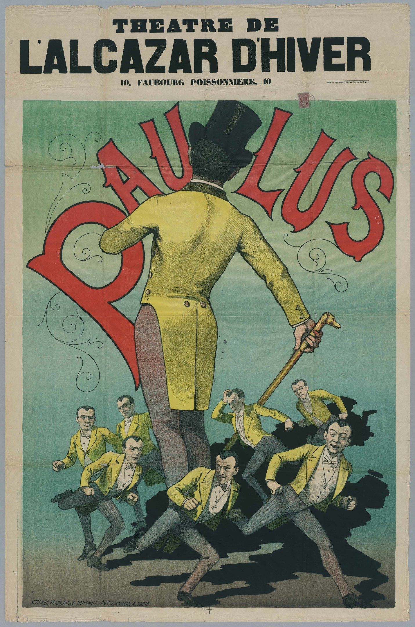 The image shows a poster for the theatre de l'alcazar d'hiver, featuring a group of people in the...
