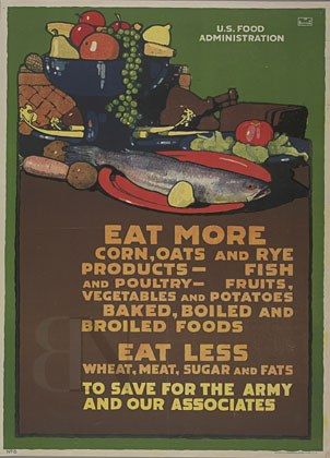The image shows a poster with a variety of fruits and vegetables, including a fish, with the text...