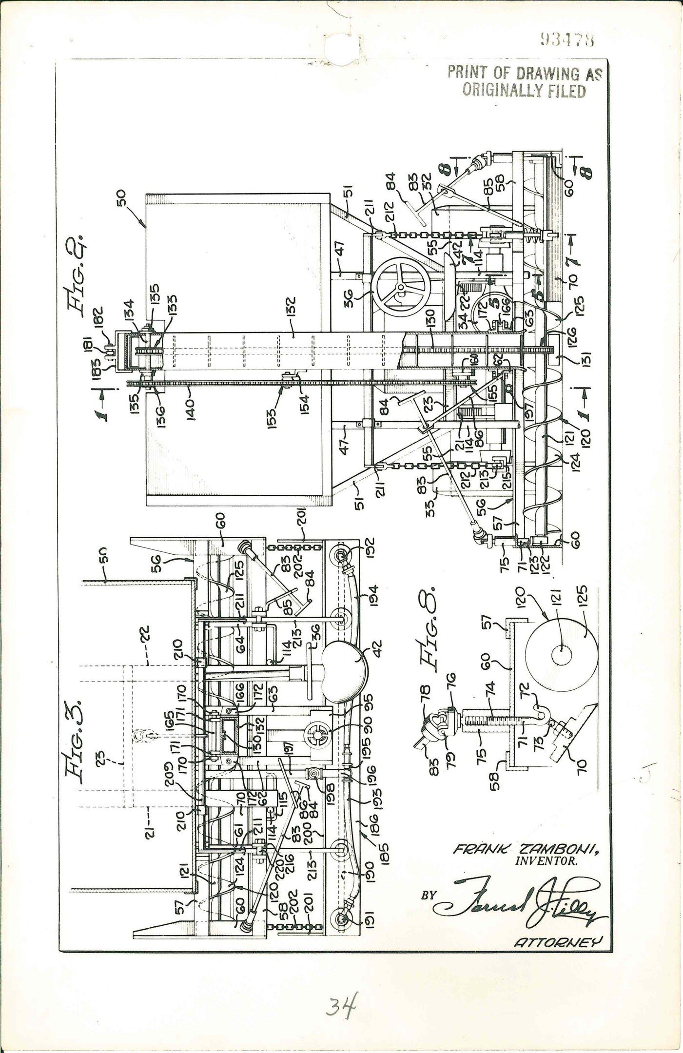 The image shows a patent drawing of a machine with a lot of details on it, including text and...