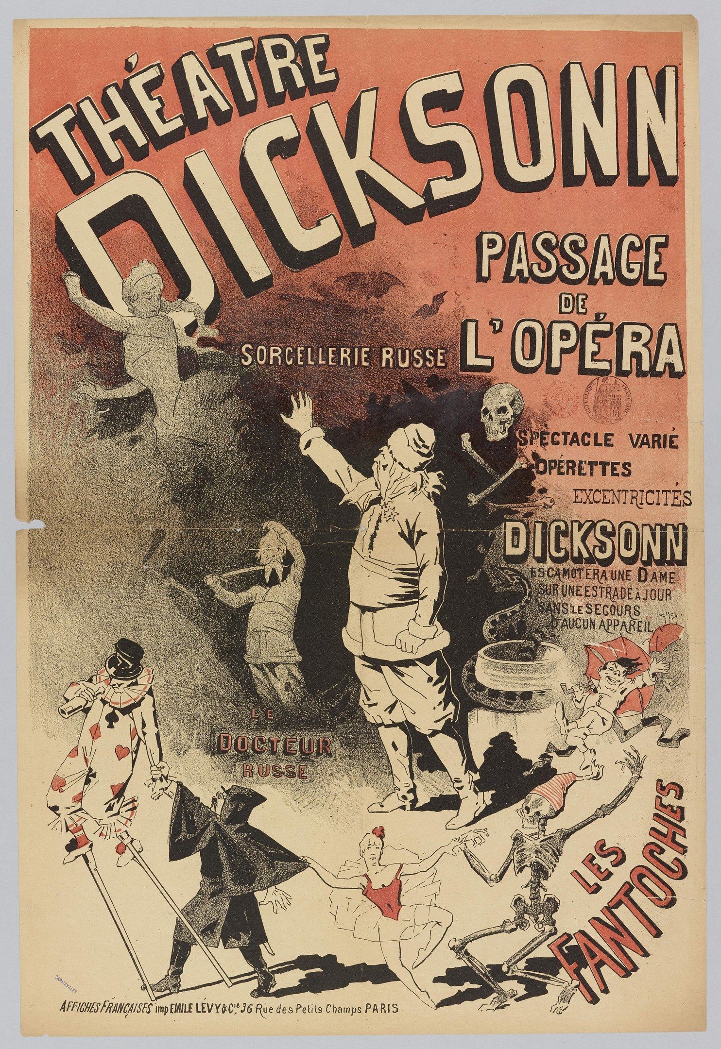The image shows a poster for the Theatre Dickson's Passage de l'Opera, featuring text and pictures...