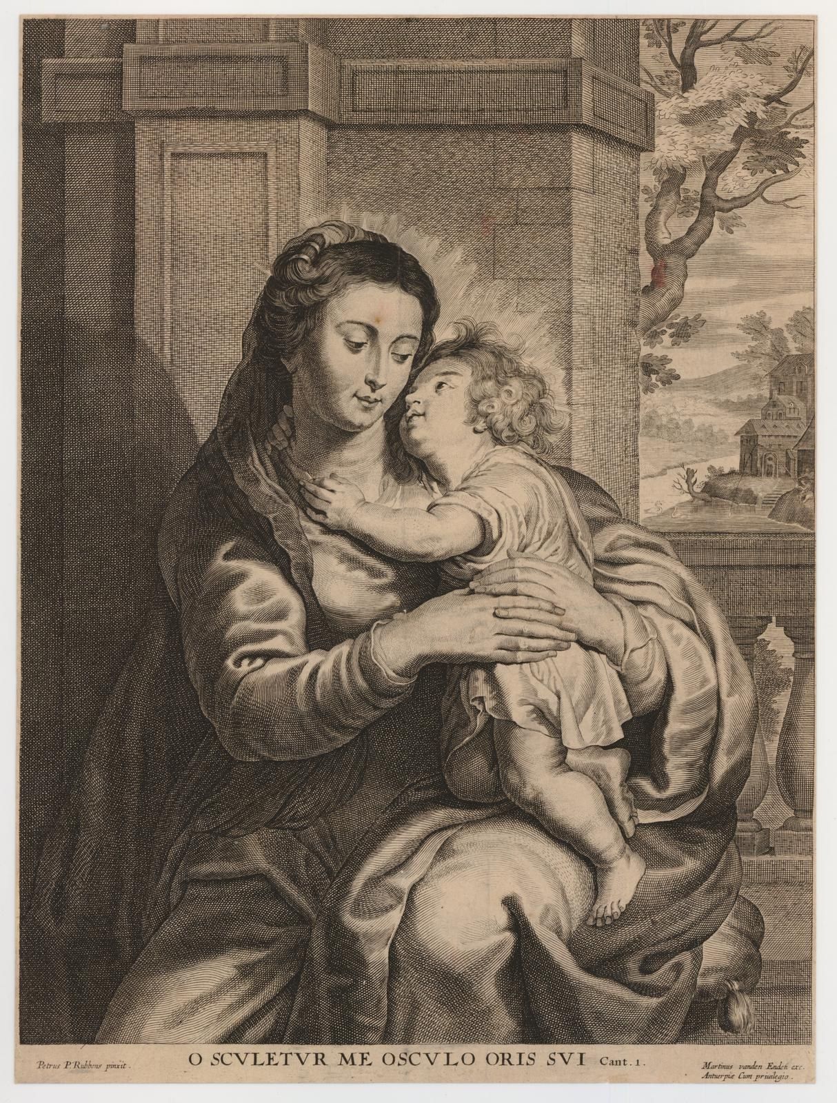 The image shows a woman holding a baby in her arms, with a pillar, trees, and a house in the...