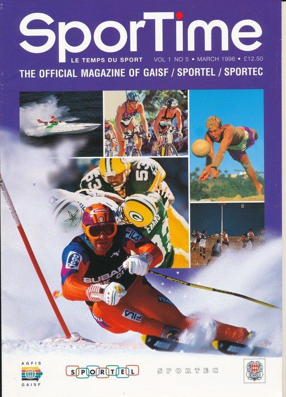 The image shows a magazine with a cover page featuring pictures of people skiing and snowboarding,...