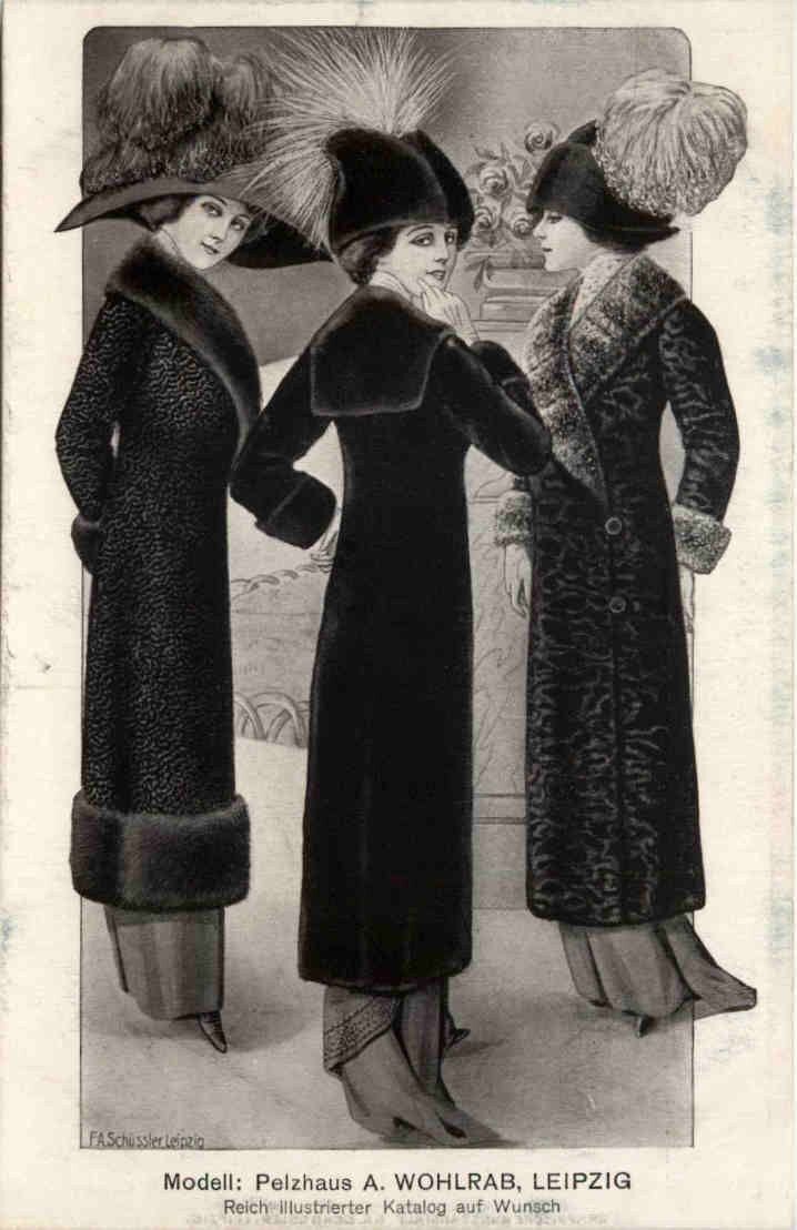 The image shows three women in black coats and hats standing next to each other, with a flower vase...