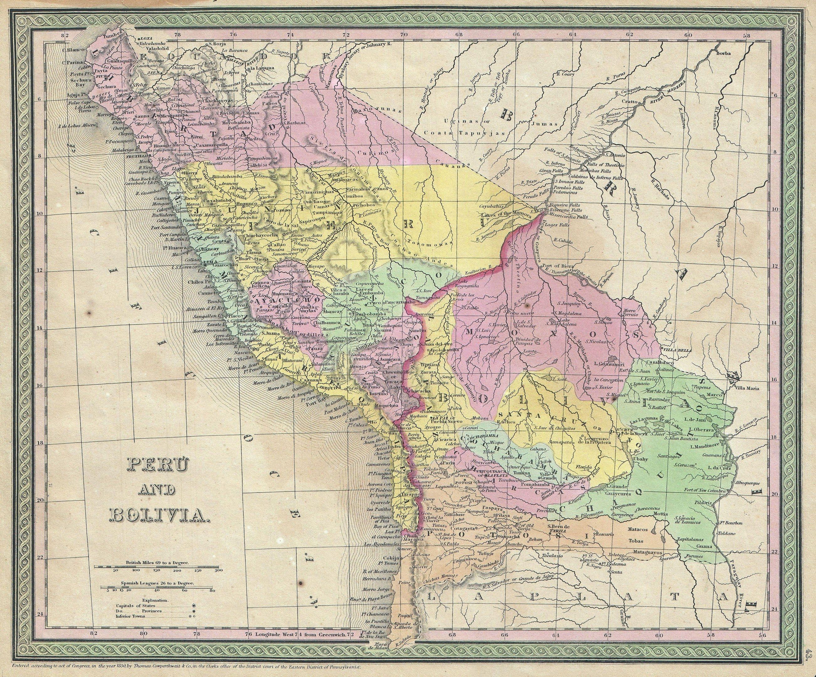 The image shows a map of Peru and Bolivia, with the provinces of the two countries clearly visible....