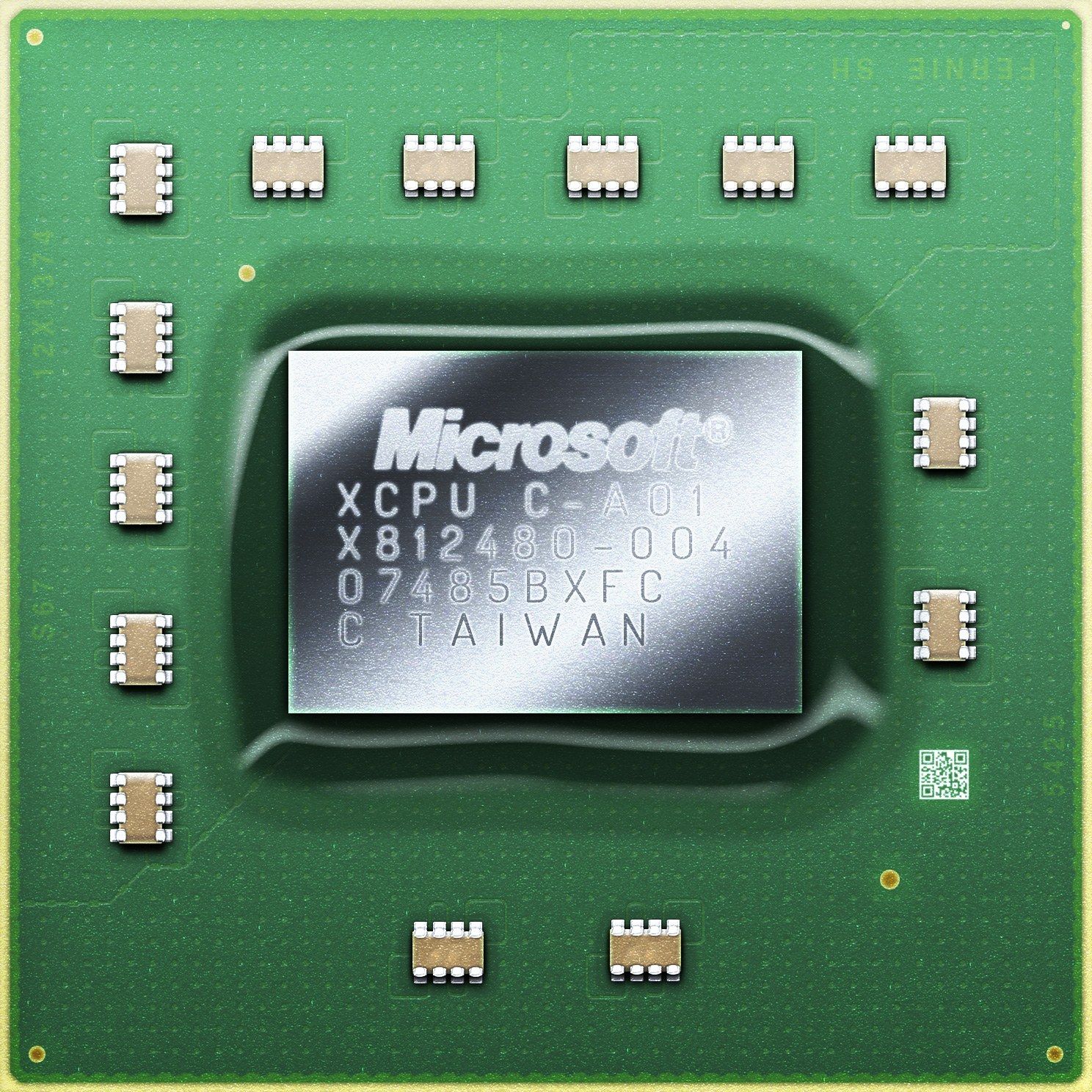 The image shows a close up of a microprocessor chip on a yellow background. The chip is green and...